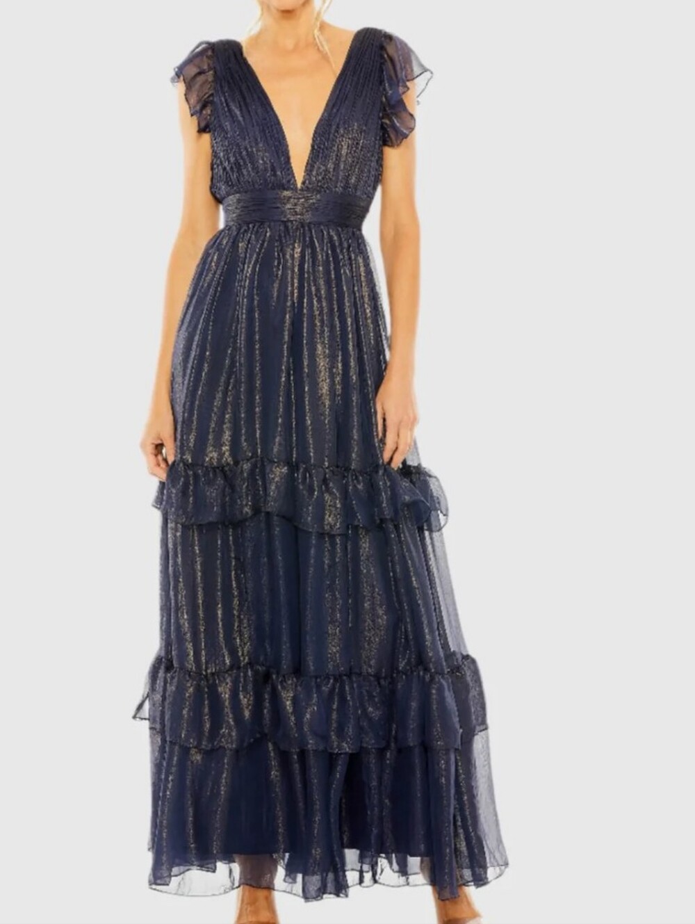 NWT $498 Ieena Mac Duggal Navy Ruched Top Flutter Sleeve Deep V Gown Sz 18